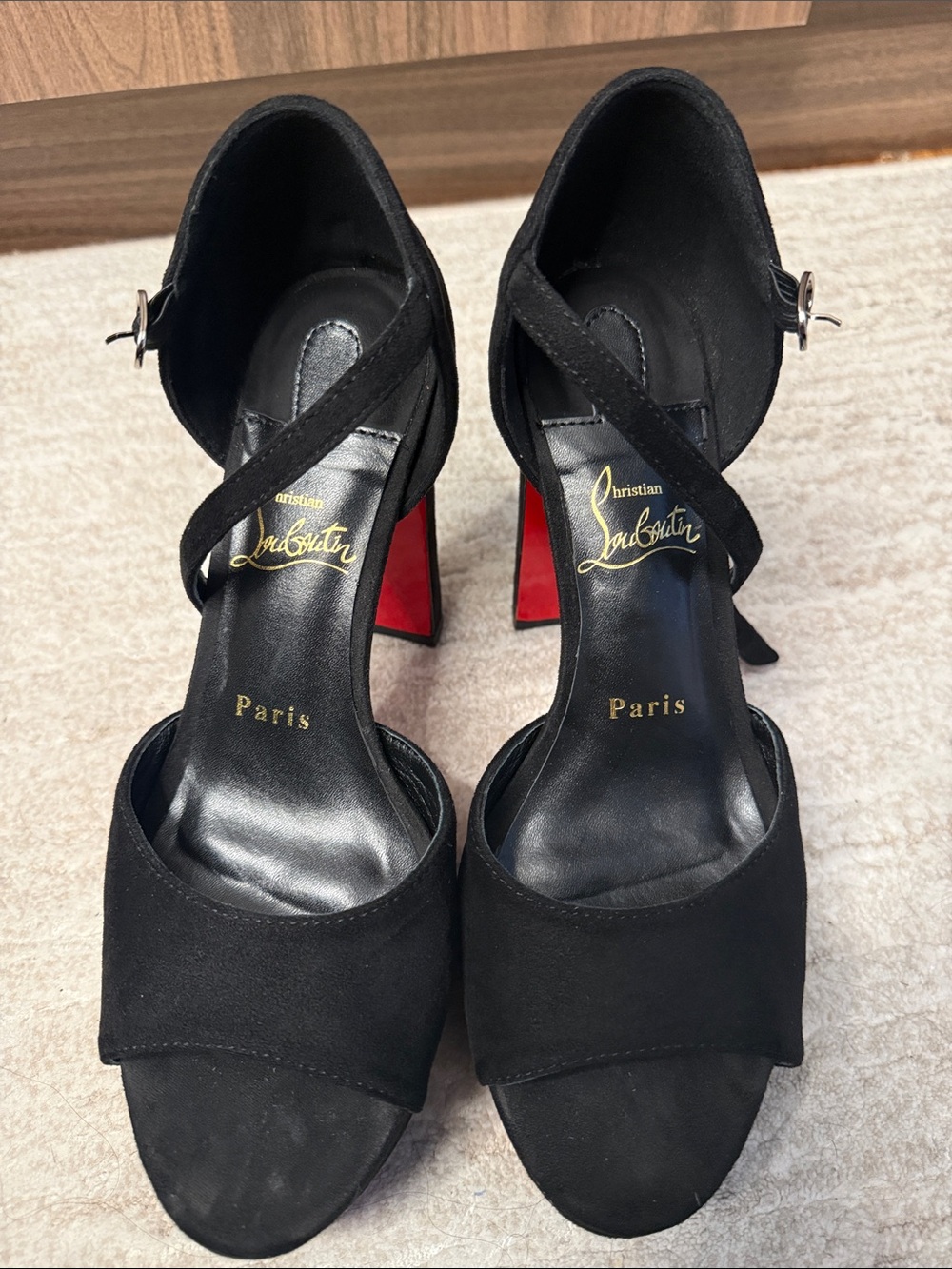 Christian Louboutin Black Suede Ankle-Strap Block Heel Sandals with Red Sole